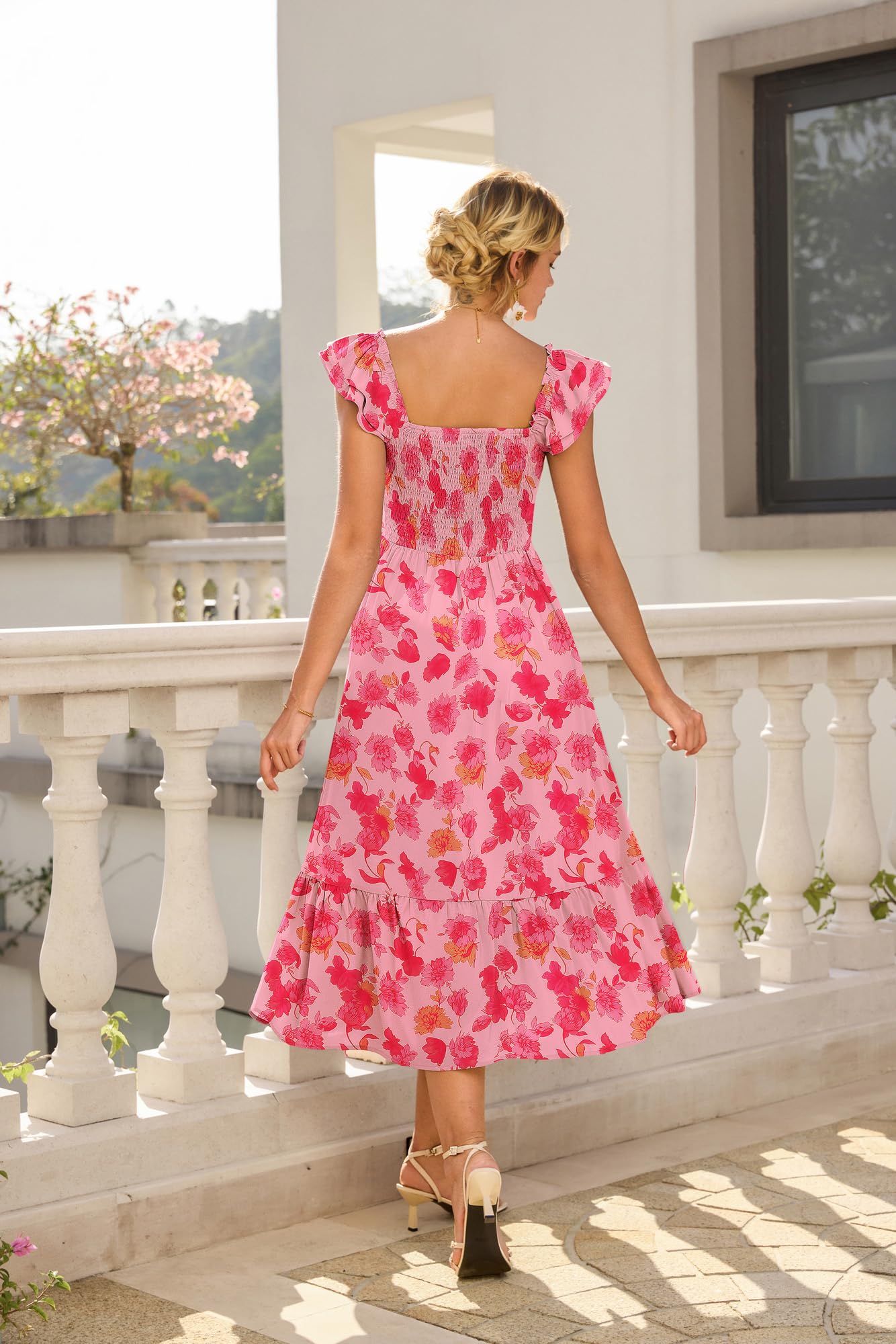 GRACE KARIN Abito estivo da donna con tasche, linea ad A, con motivo floreale, leggero | Abito in chiffon, maxi abito con fiori, abito da donna, elegante e festivo, maniche a volant, scollo a V, foderato, tasche