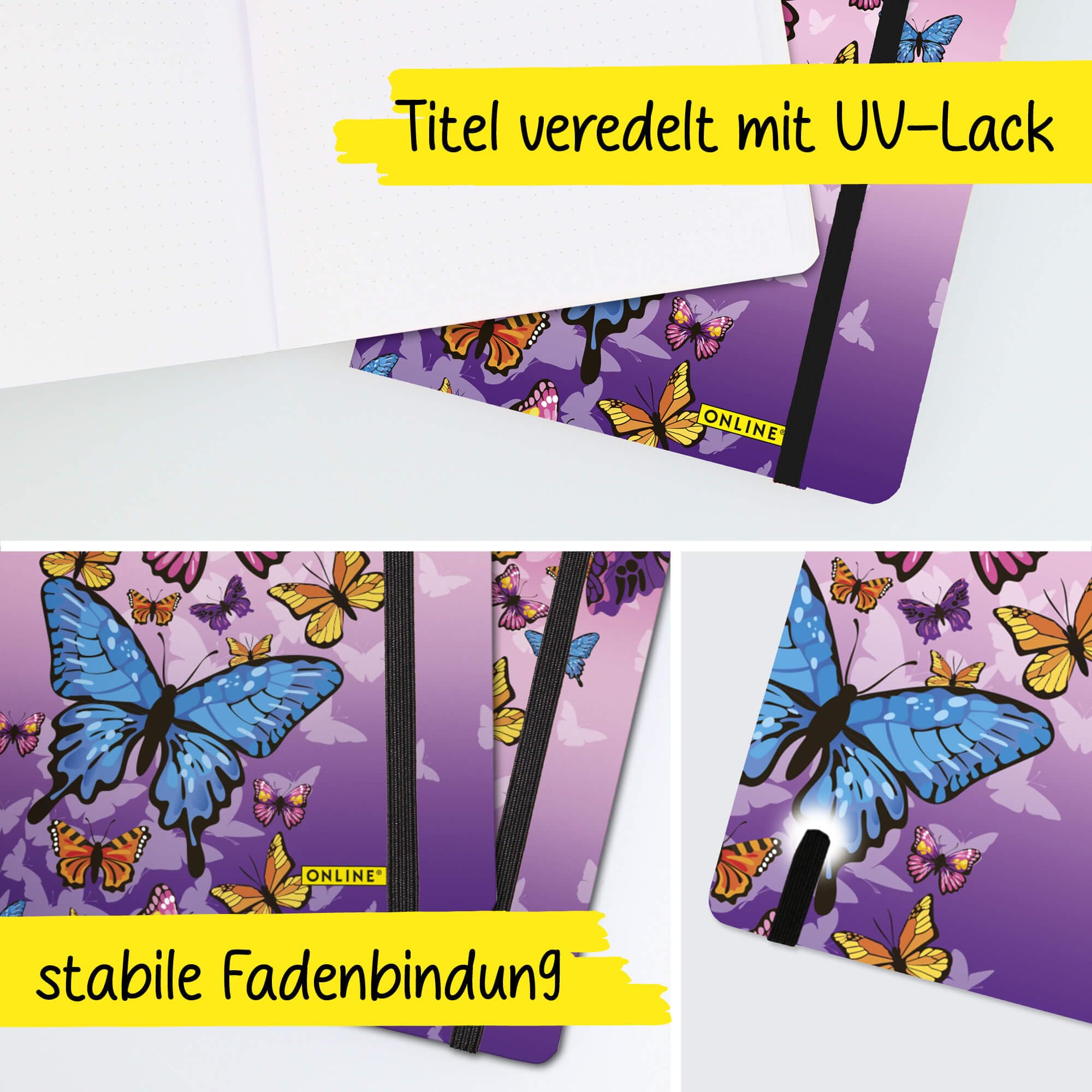 Online Bullet Journal Butterfly Dotted A5 z gumową taśmą, papier FSC, 120 g/m², 144 strony wewnętrzne, notes w kropki, z miękką okładką, dziennik do notatek, szkiców, list