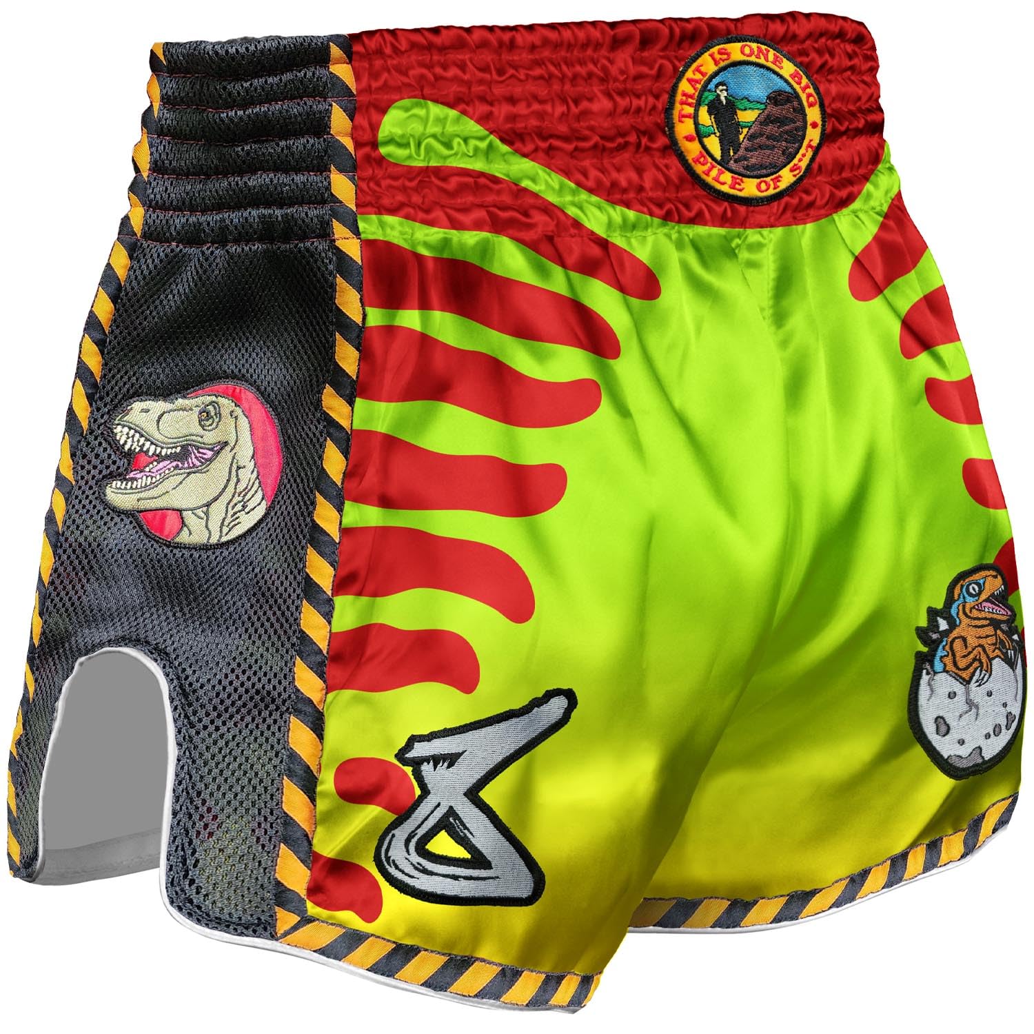 8 WEAPONS Muay Thai Shorts Jurassic, Grün-Rot, Kickboxhose für Training & Wettkampf, Thaibox Shorts Polyester, Atmungsaktiv, Langlebig, Kampfsporthose für MMA, K1, Boxen, Thai Boxen