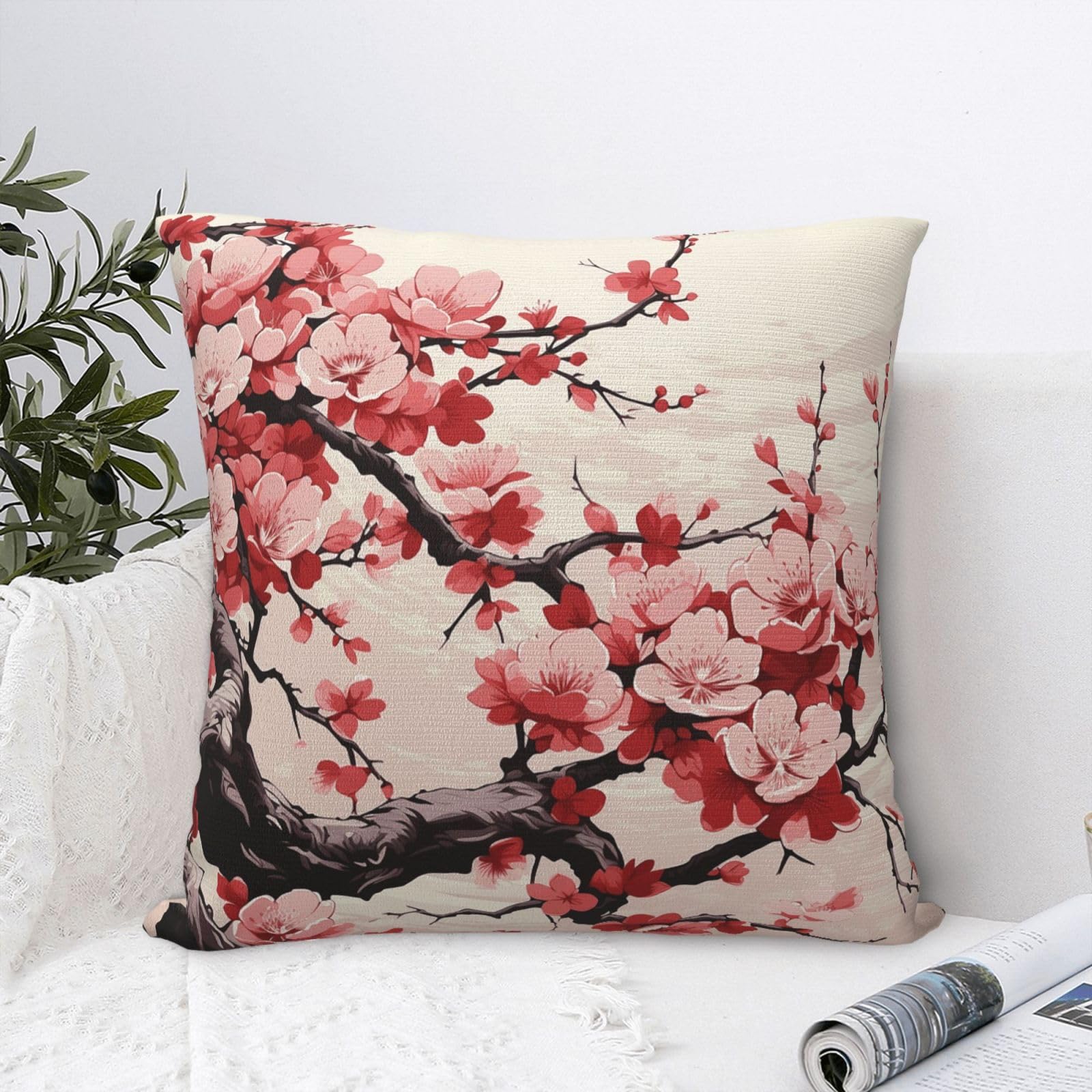 FodPand Luxury Velvet Throw Pillow Covers 20"x20" Super Soft Decorative Pillow Cases - Japanese Floral Cherry Blossom Pillowcases Modern Lumbar Cushion Cases for Couch Sofa Bed Pillow Shams