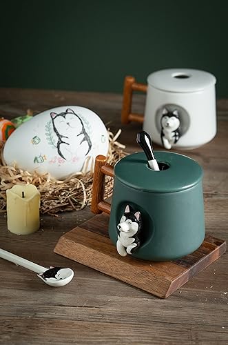 Miniatura 6 de DIHOclub Taza de café de cerámica con tapa y cuchara a juego, taza con diseño de husky 3D para jugo de té, leche y chocolate, bonita taza