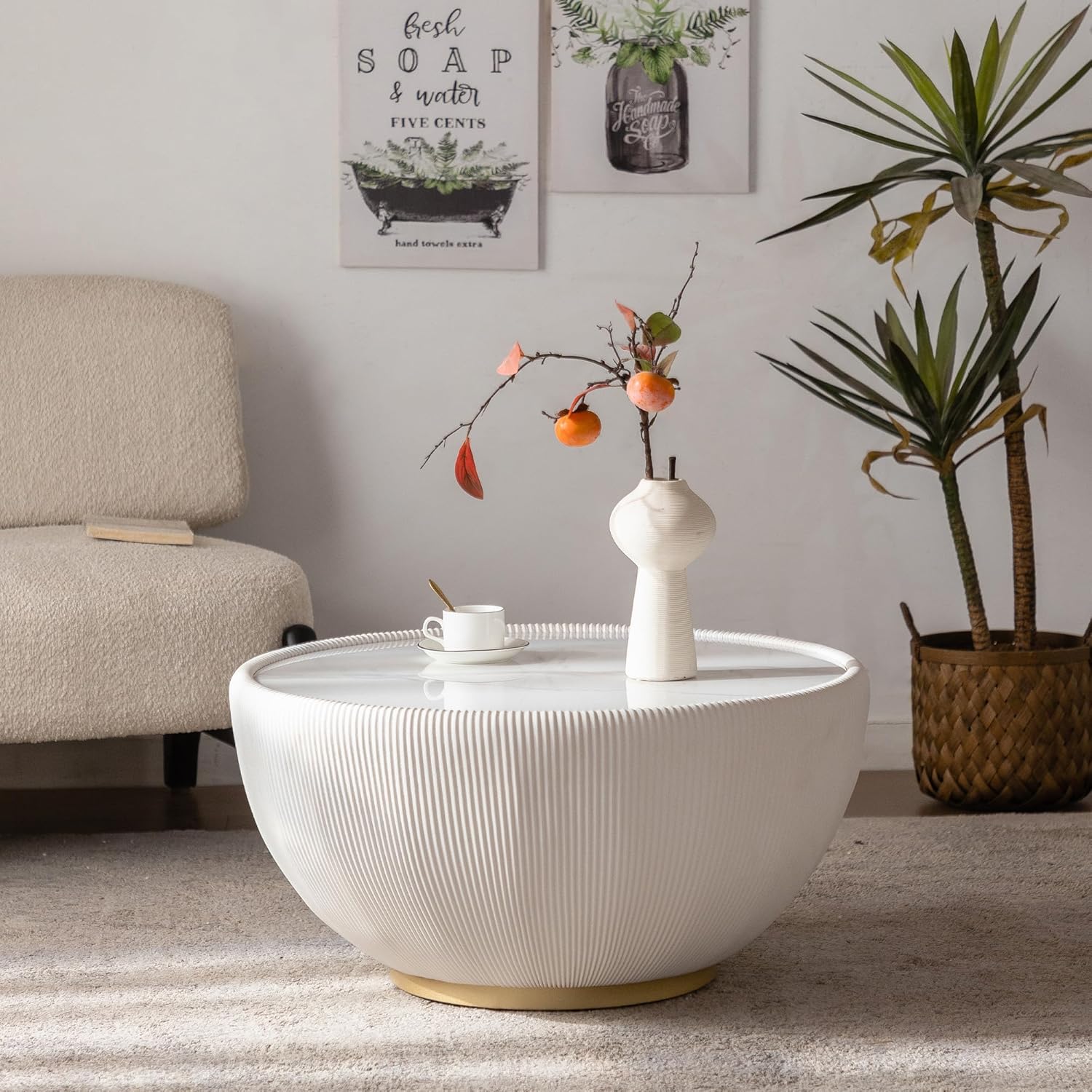 Round Bowl Coffee Table, Modern Tea Accent Sintered Stone Center Table with Decorative Vertical Texture Leather Cover Gold Base for Living Room Apartment