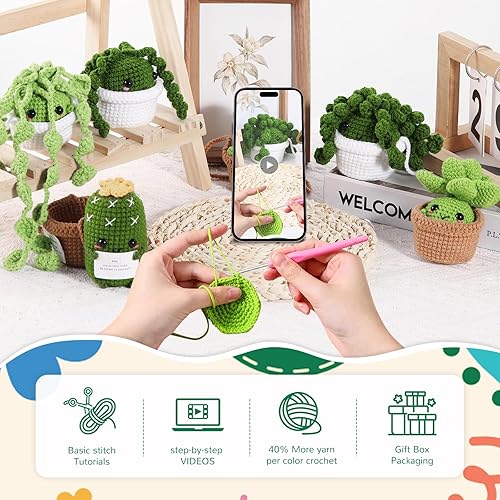 Vista 10 de Imcrasy Kit de ganchillo para principiantes con lecciones en video paso a paso 6 piezas de plantas en maceta y suculentas kit de ganchillo