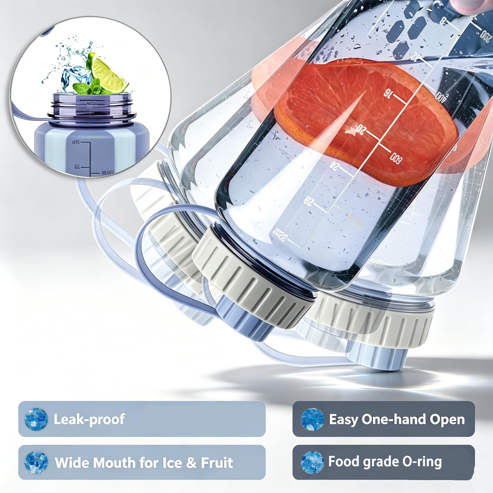 SHOKE Tritan Wasserflasche mit breitem Mund, auslaufsicher, Kunststoff, 1 Liter, BPA-frei, für Sport, Outdoor-Reisen, grau