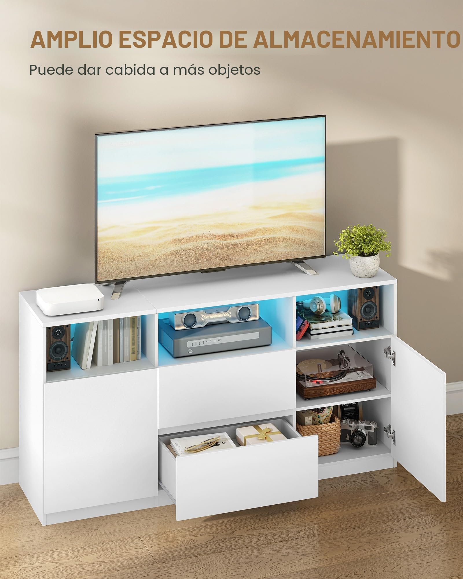Hzuaneri Mueble de TV, Mesa de TV de hasta 65 Pulgadas, con Luces LED, 2 Cajones, 2 Gabinete y 3 Compartimentos, 147 x 40 x 76 cm, para Salón, Dormitorio, Blanco TV17003XEU