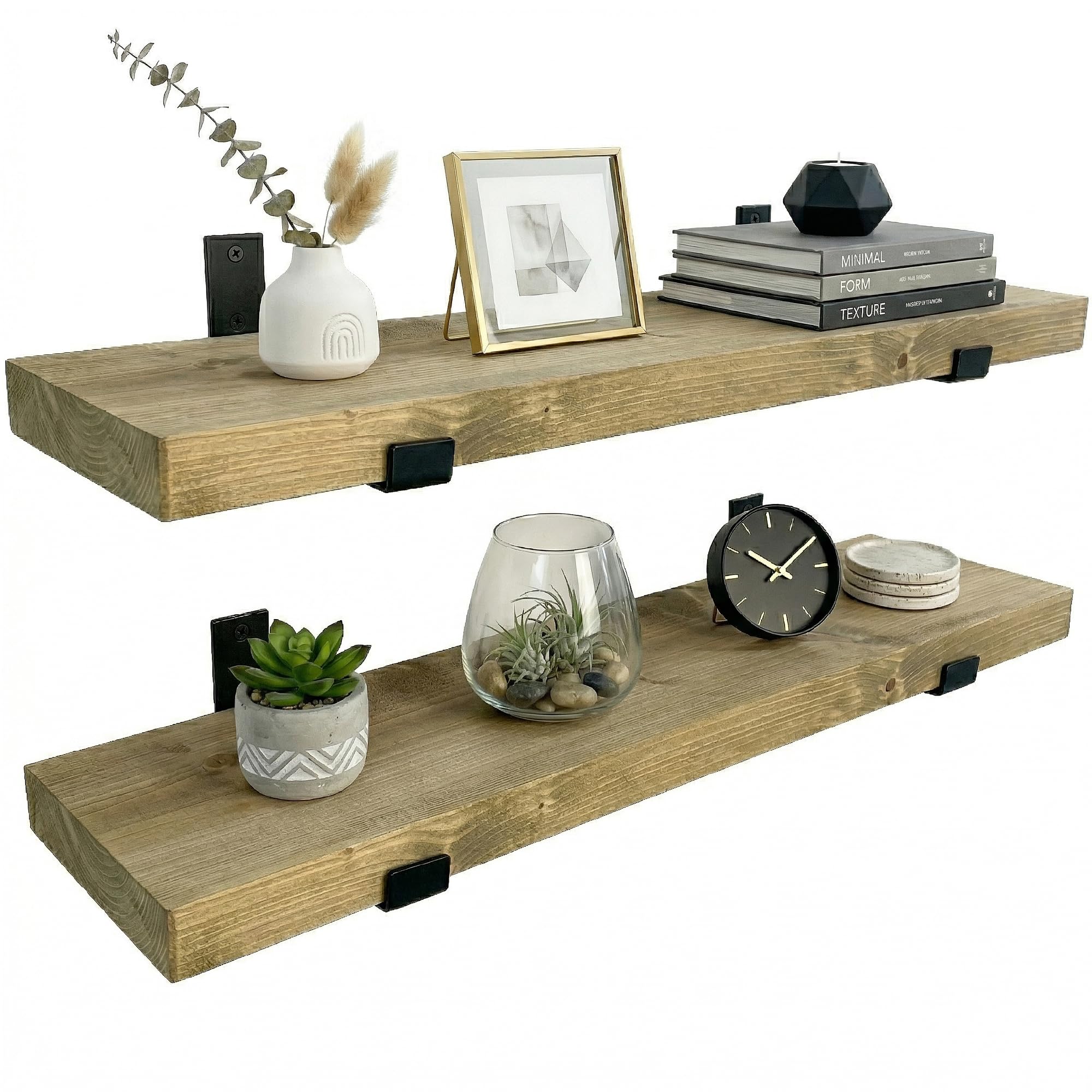 Top Notch Home & Living Pack of Two Handcrafted Rustic Wooden Wall Shelves, Incl 2 Up Brackets per Shelf, Wood Shelf Made in the UK from Solid Timber, Heavy Duty for Kitchen, Bathroom & Living Room โ image 1