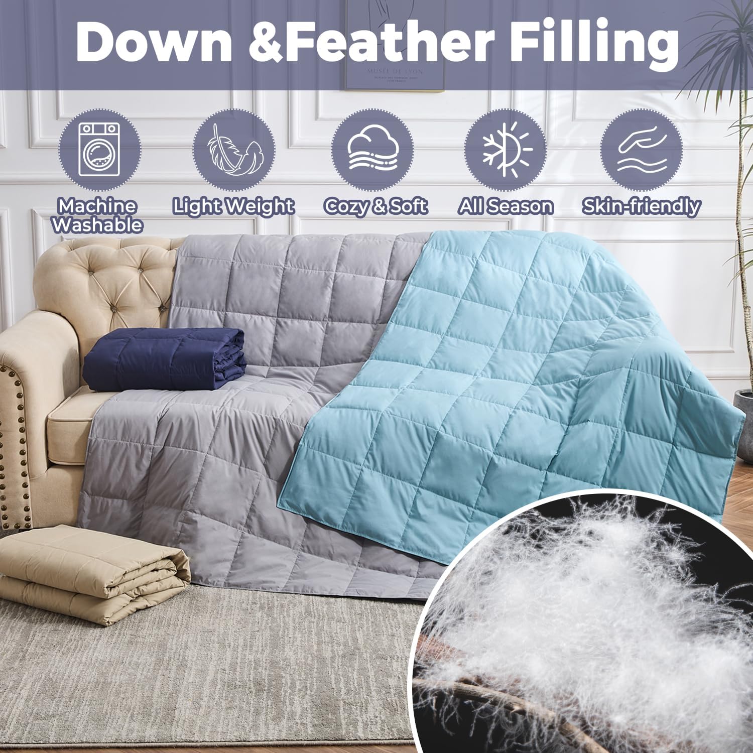 Bafode Throw Blanket, Feather Down Throw Blanket for Couch, Soft Lightweight Blanket for Indoor Outdoor Use 50"X70" - Image 4