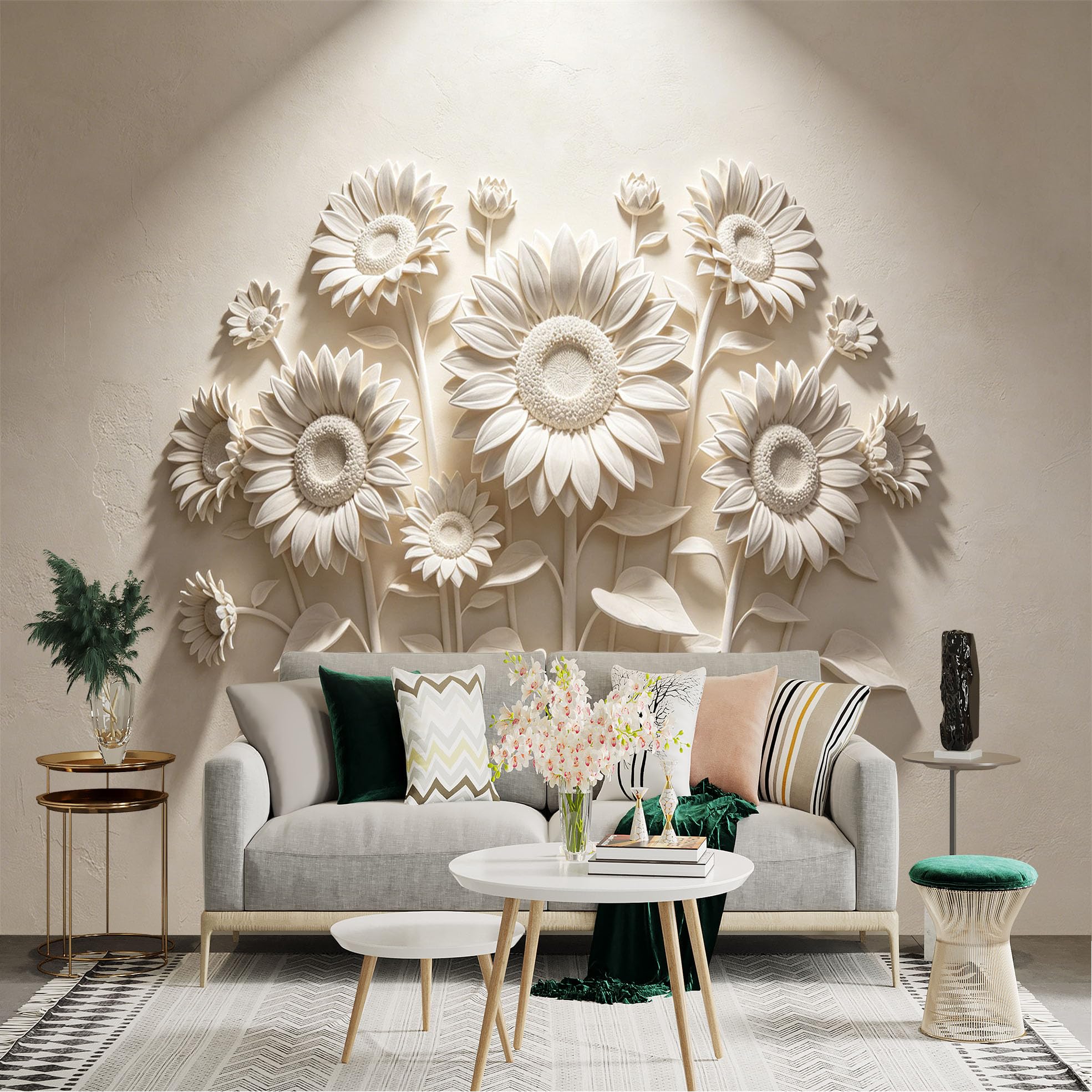 Lnzczhyre Dbh260521410 Custom Size Wall Sticker Mural， 3D Relief Sunflowers， White Floral Sculpture， Elegant Botanical Art， Modern Minimalist Decor， For Wall Decoration， Peelandstick Wall Decals.