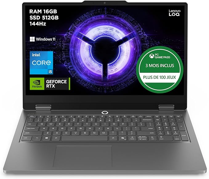 Lenovo LOQ Essential 15IRX11 - Ordinateur Portable Gaming 15.6'' FHD 144Hz (Intel Core i5-13450HX, RAM 16Go, SSD 512Go, NVIDIA RTX 5050 8GB, Windows 11 Home) Clavier AZERTY Français - Gris