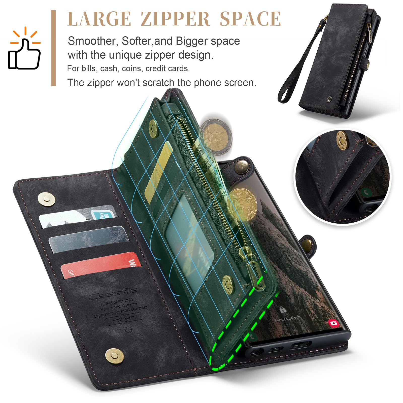 Etui do Samsung S24 Ultra, odporne na wstrząsy, etui na karty, otwierane, magnetyczne, odpinane, przegródki na zamek błyskawiczny, portfel, etui do Samsung Galaxy S24 Ultra 5G, odporne na