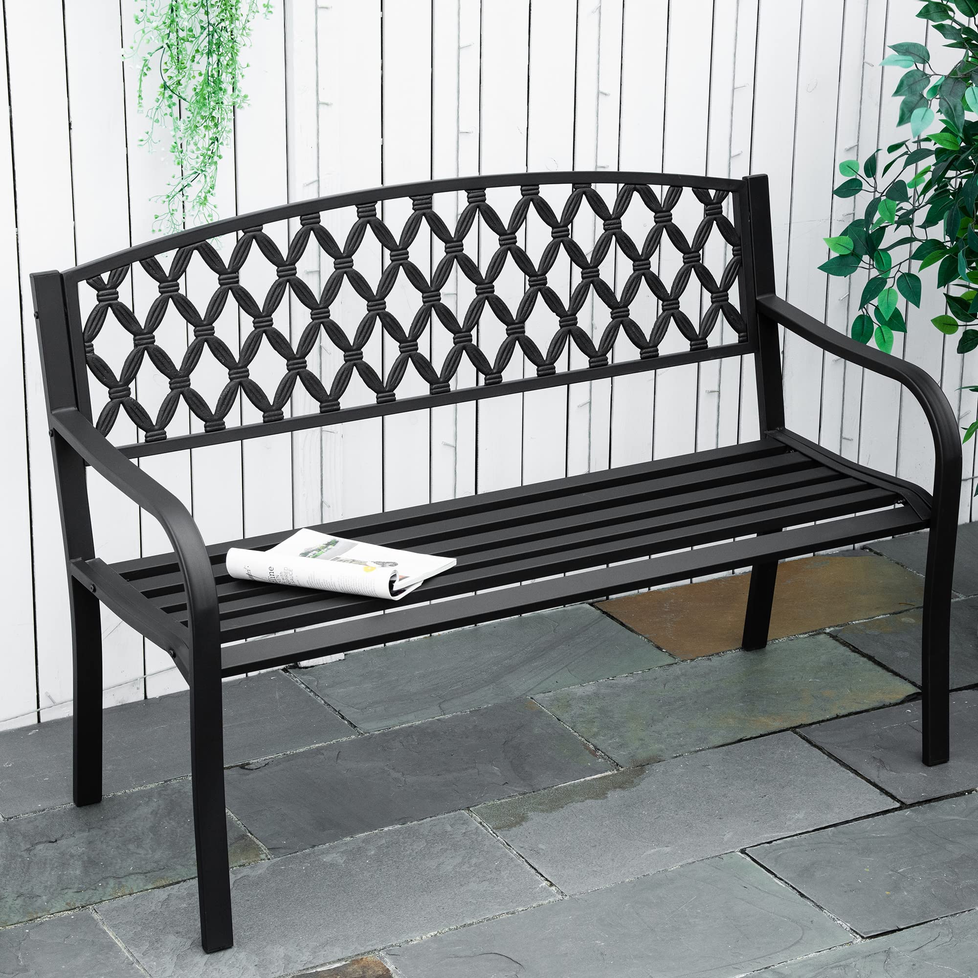 Outsunny Banco de Jardín de 2 Plazas con Respaldo 128x58,5x89 cm Negro | Decorativo y Reposabrazos, para Terraza Balcón Patio Exterior, Carga 240 kg, Hierro Fundido y Acero
