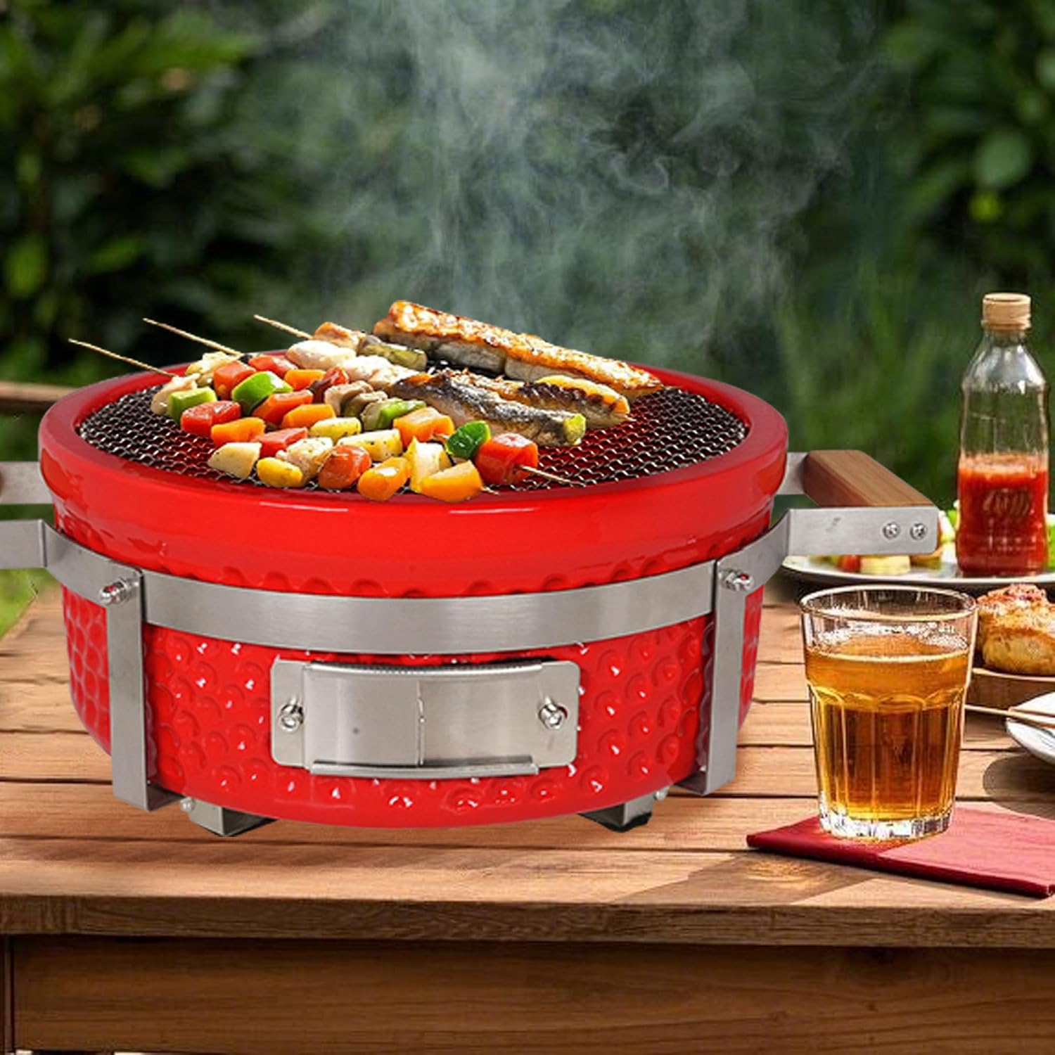 Yakitori Charcoal Grill, Japanese Ceramic Tabletop BBQ Grill with Stainless Steel Stand & Grid Lifter, Portable Indoor/Outdoor Hibachi Grill for 2–5 People, 16"x9", Red, Gift for Chrismas