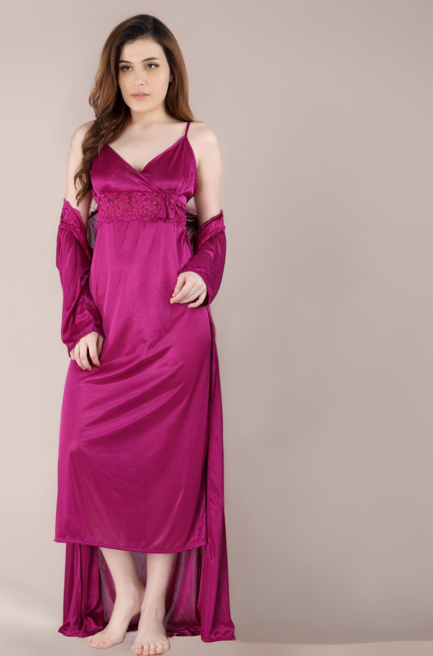 Romaisa Women's Satin Solid Maxi Length Nighty with Robe (Size - Free Size) (Nightwear Set Pack of 2)