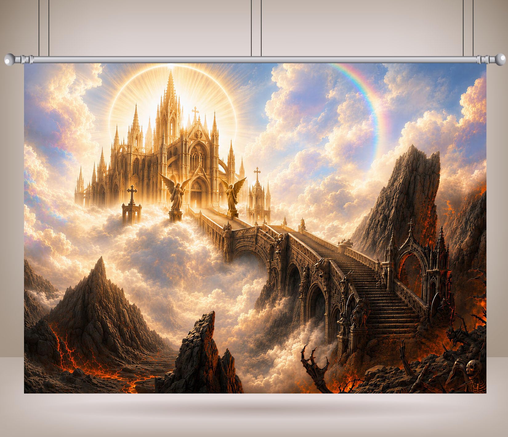 12x10FT (3.6x3m) Castello Celeste Valle Di Lava Sfondo Fotografico | Regno Gotico Soleggiato Fondale In Tessuto,Ponte Tra Nuvole Vulcani E Arcobaleno,Eventi Fantasy,Personalizzabile,Photo Booth