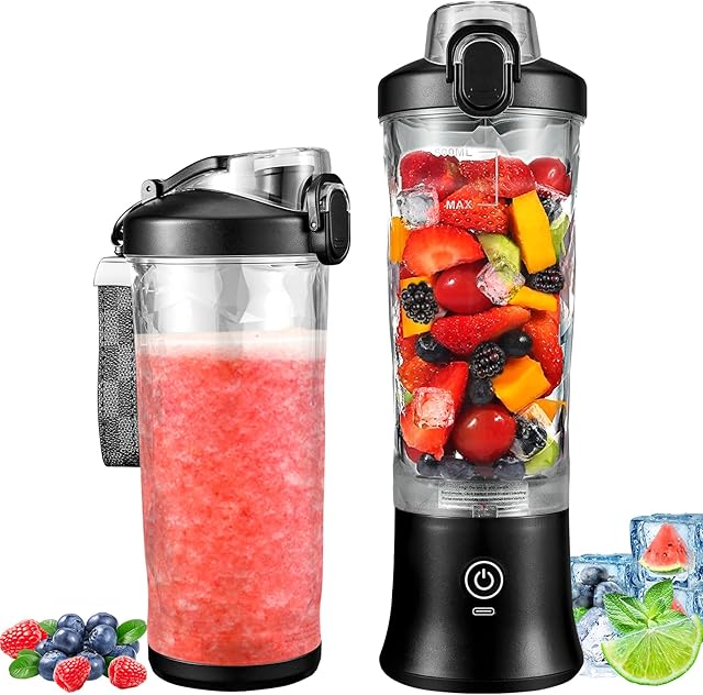 Portable Blender 20 oz Personal Blender for Shakes and Smoothies, BPA Free USB C Rechargeable Blender Cups with 6 Blades and Travel Lid for Ice and Frozen Drinks