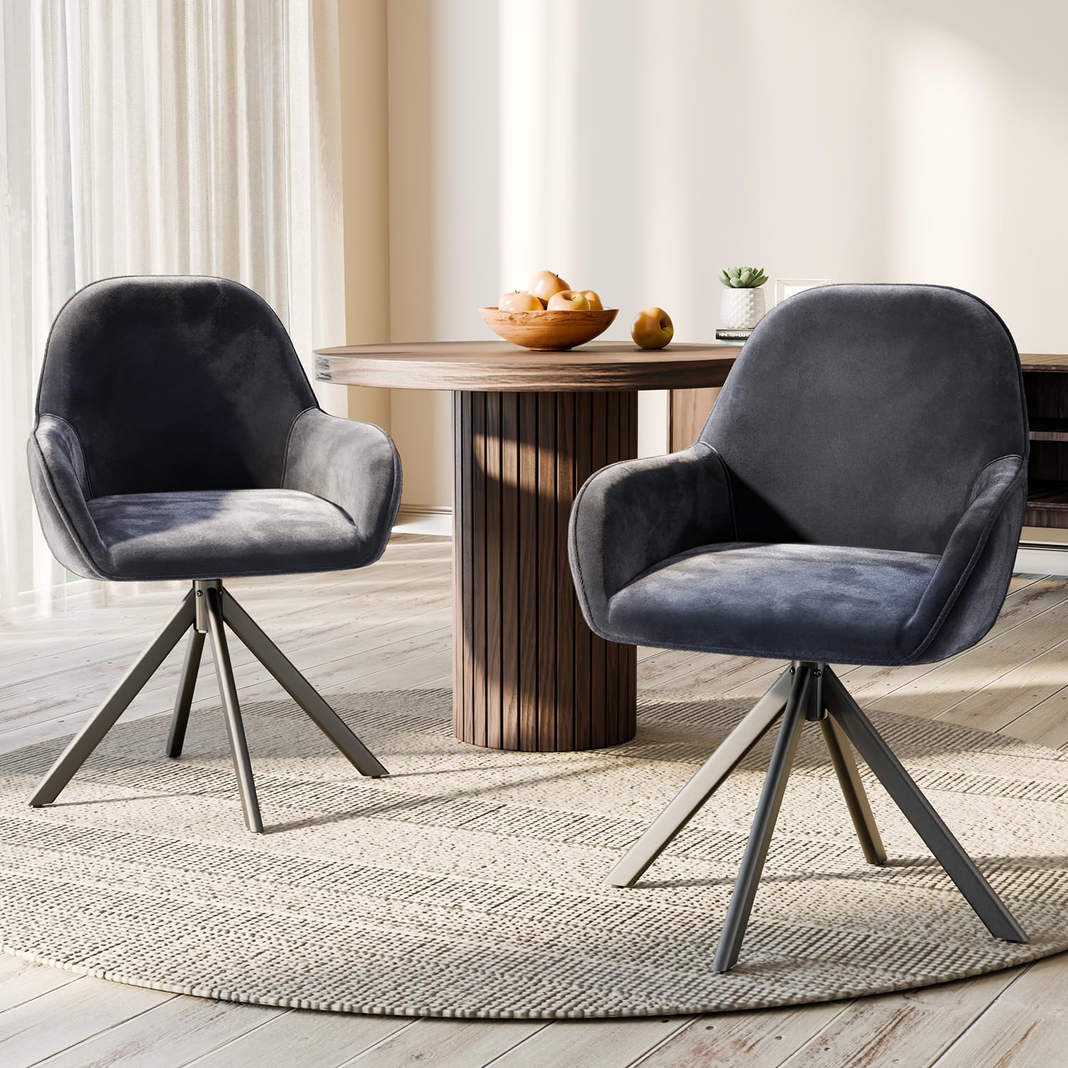 ELUCHANG Sillas de Comedor Pack 4, Giratorias 360°, Butaca Elegante de Terciopelo, Silla Nórdica Moderna con Reposabrazos, para Salón, Cocina y Escritorio, Gris