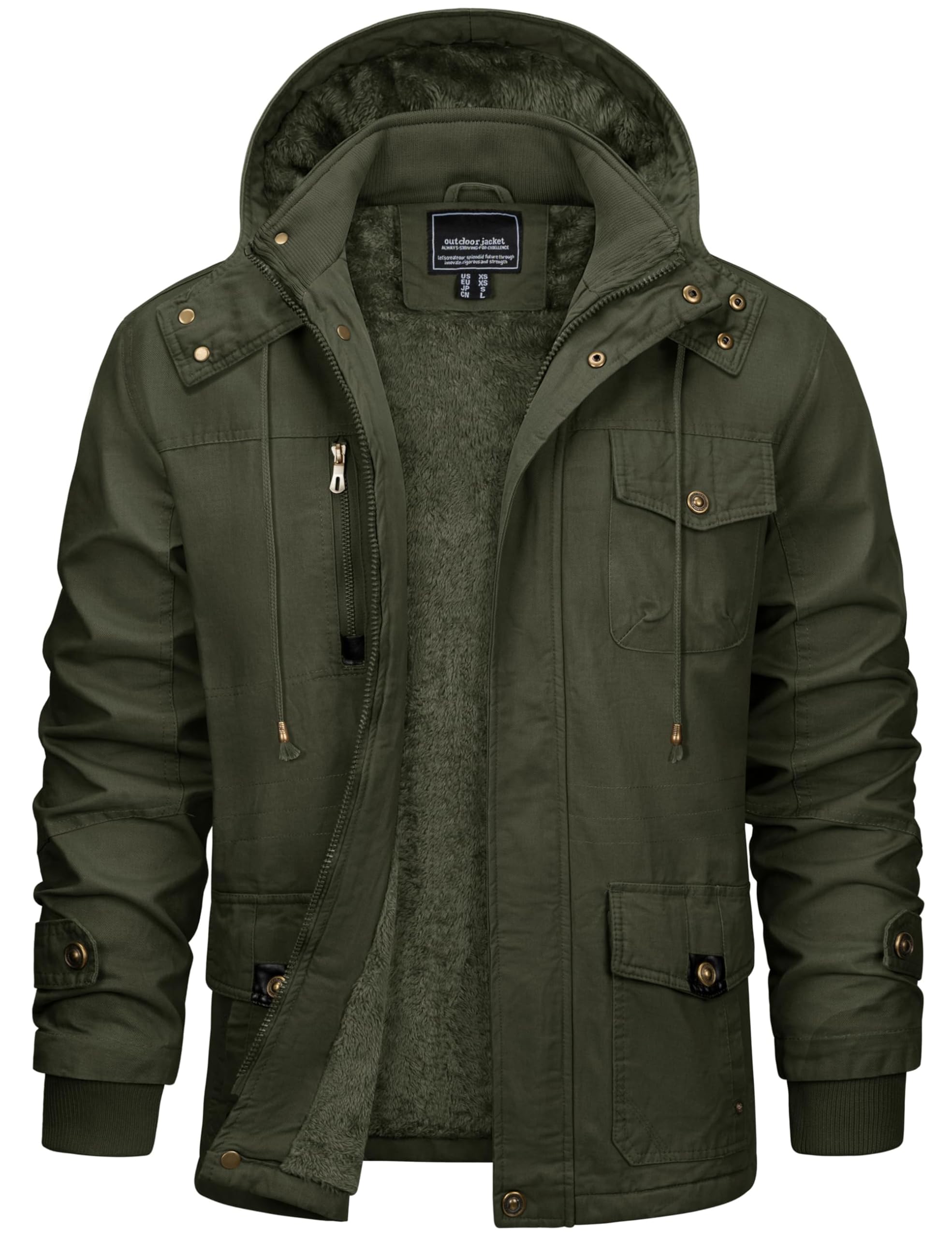 CRYSULLY Men's Winter Jacket Cotton Military Jackets Fleece Lined Thick Warm Cargo Coats Multi-Pocket Outwear with Hooded