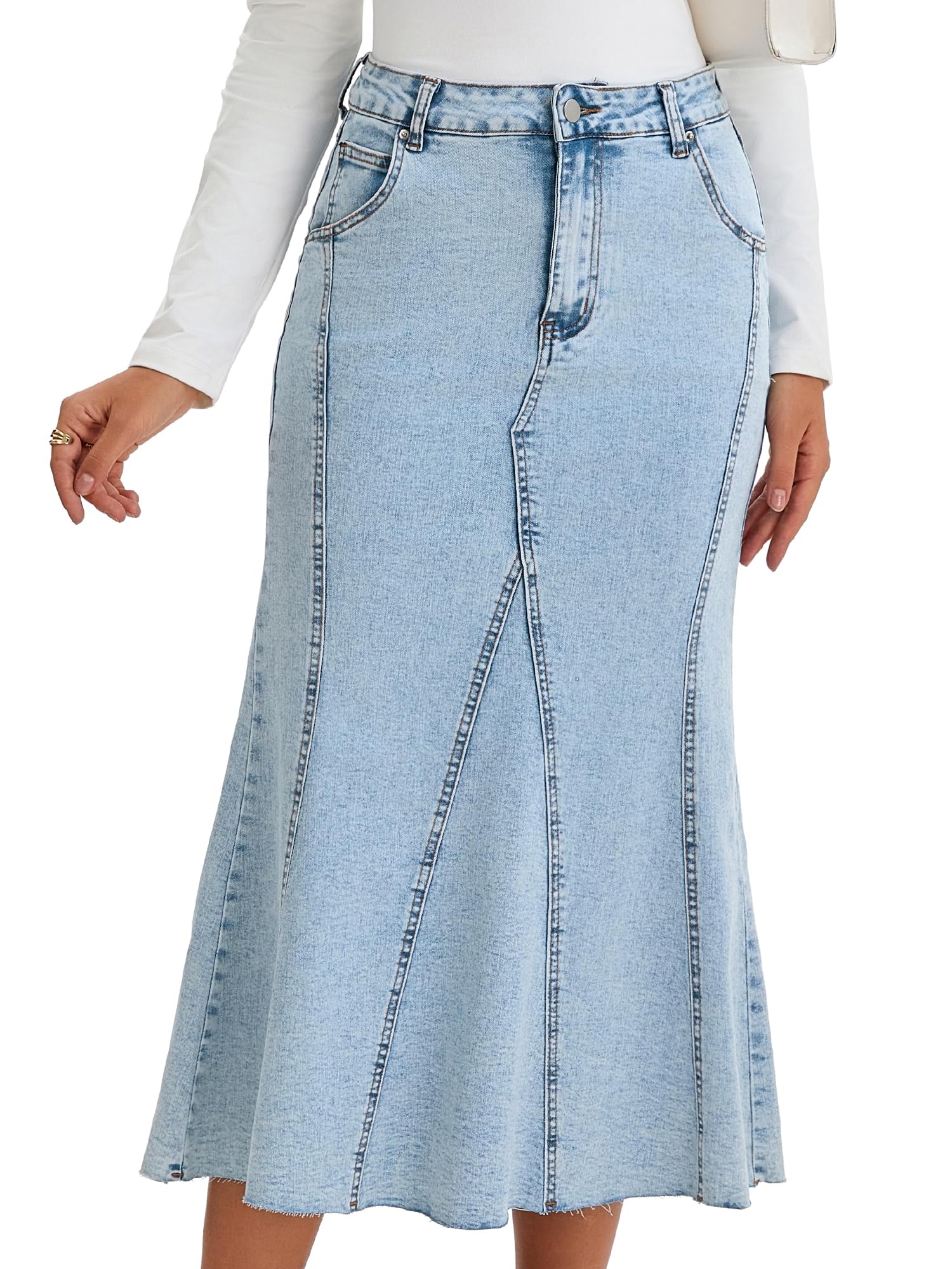 Womens Fishtail Long Jean Skirt High Waisted Stretchy Fit and Flare Midi Denim Skirts