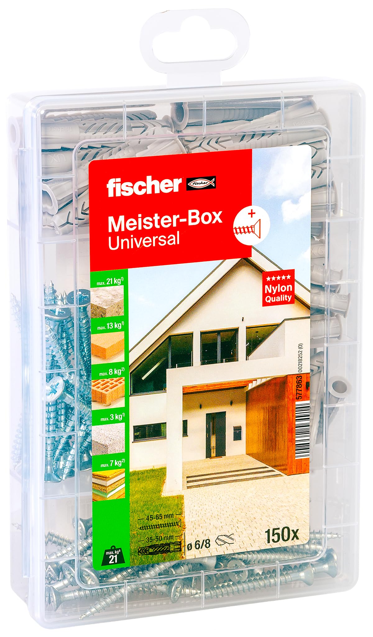 fischer Meister-Box Universal, 150-teiliges Dübel- und Schraubenset, 6-8 mm Durchmesser, 35-50 mm Länge, für Heimwerker und Profis, optimal für das ganze Haus, Universaldübel UX mit Rand