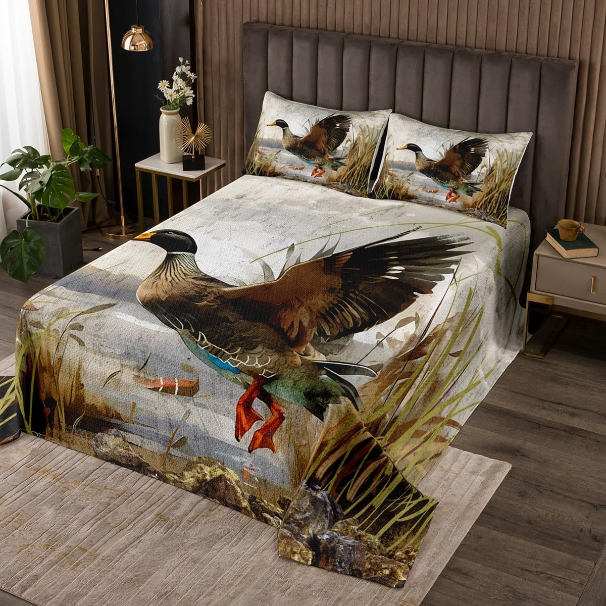 Feelyou Mallard Duck Quilted Coverlet Boys Girls Wild Duck Hunting Bedspread for Kids Women Men Ultra Soft Lodge Cabin Farmhouse Coverlet Set Bedspreads Quilt Room Decor Queen Size Quilt Set