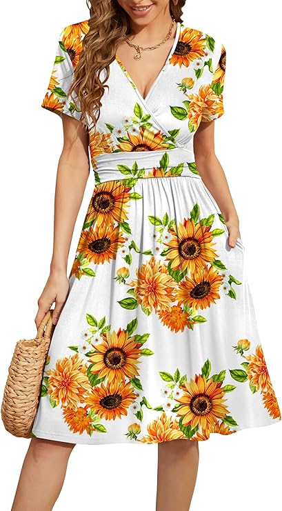 WEACZZY - Vestido casual de verano de manga corta para mujer, con cuello en V, floral, con bolsillos, Girasol Blanco, M