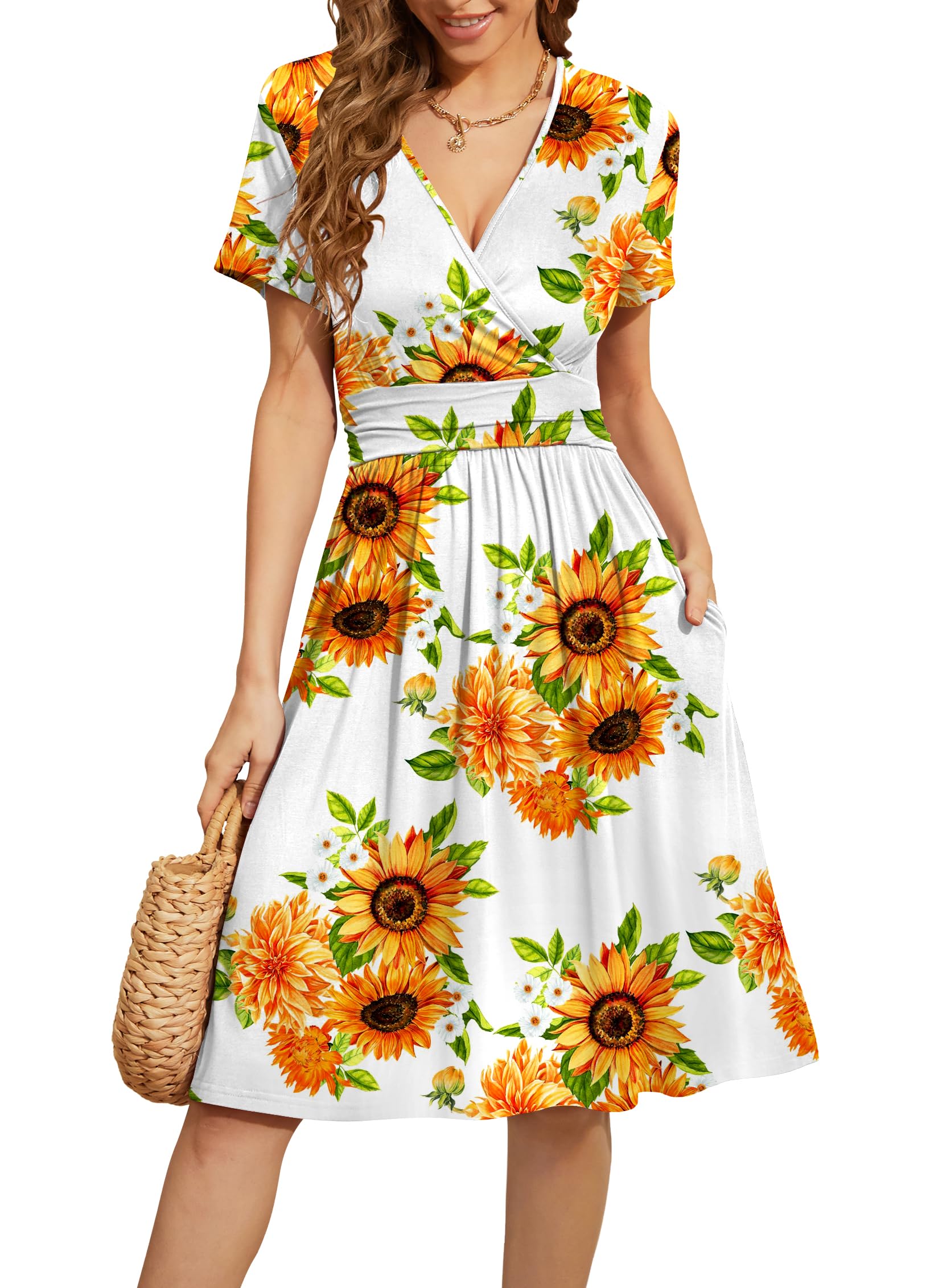 WEACZZY Women's Summer Short Sleeve Casual Dresses V-Neck Floral Party Dress with Pockets