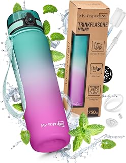 My Vesperbox Minny Kids Drinking Bottle Leakproof with Straw or Strainer, 350 500 750 ml Lightweight Tritan Water Bottle BPA-Free for Kindergarten and School (Purple - Green, 750 ml)