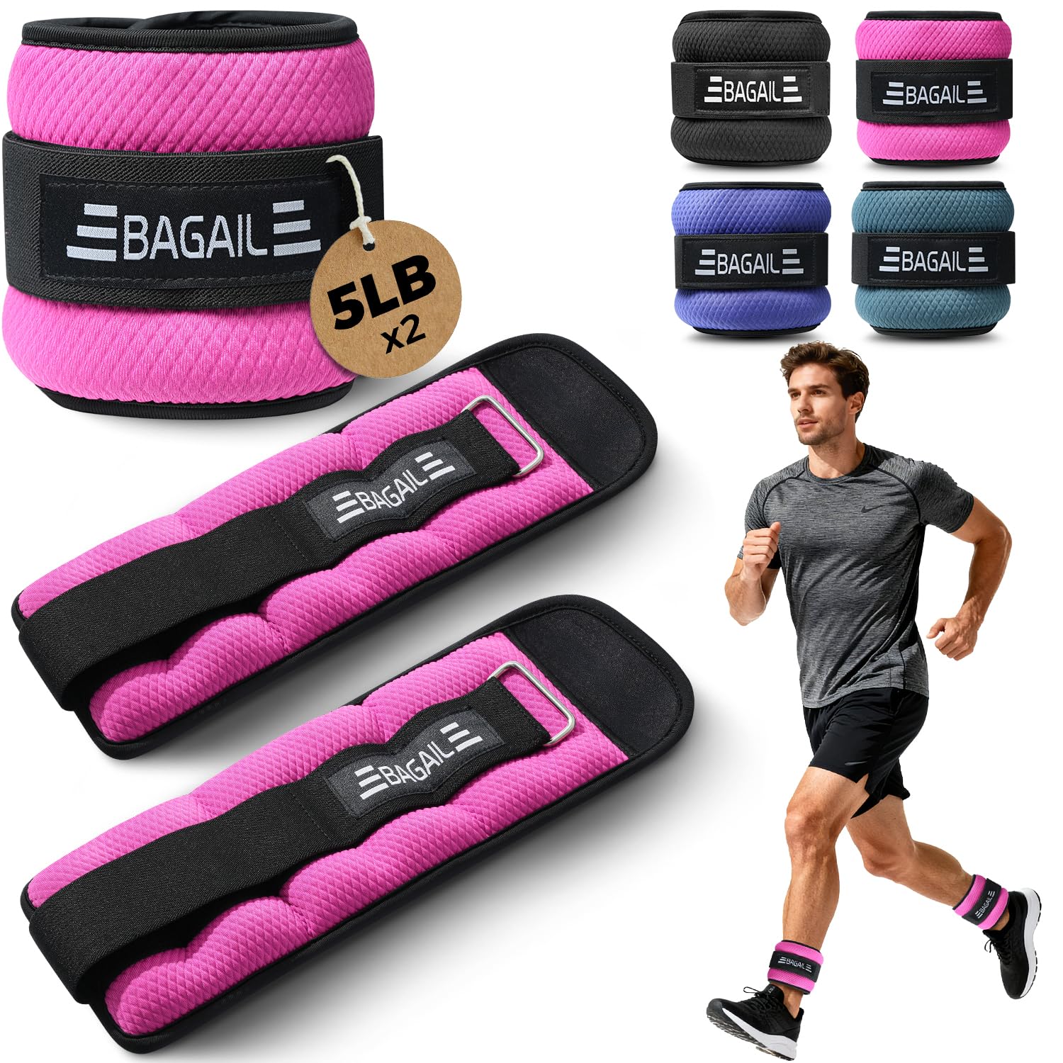 BAGAIL Ankle and Wrist Weights Set (2.27kg x 2) - Arm & Leg Weights for Men and Women - Adjustable Size, Secure Fit and Sleek Design for Walking, Running, Home Workouts & Physical Therapy - Pink