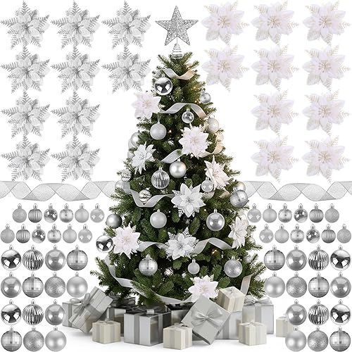 Miniatura 10 de Skylety Juego de 104 piezas de adornos para árbol de Navidad, bola colgante de Navidad rosa, estrella superior artificial de flor de pascua con