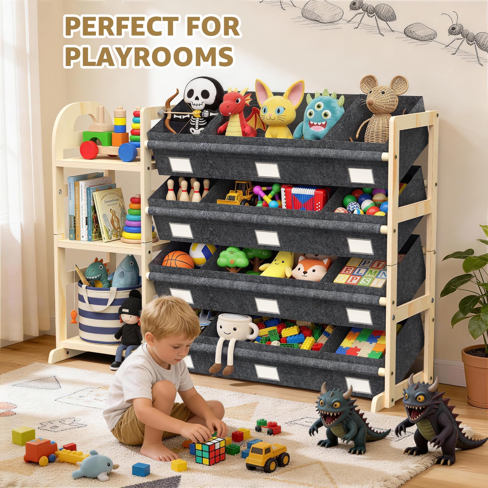 Spielzeug-Organizer mit 6 Ablagen und 12 Behältern, Bücherregal/Bücherregal, Kinder-Mülleimerregal, Spielzeugkiste für Spielzimmer, Organisation für Schlafzimmer und Zimmer