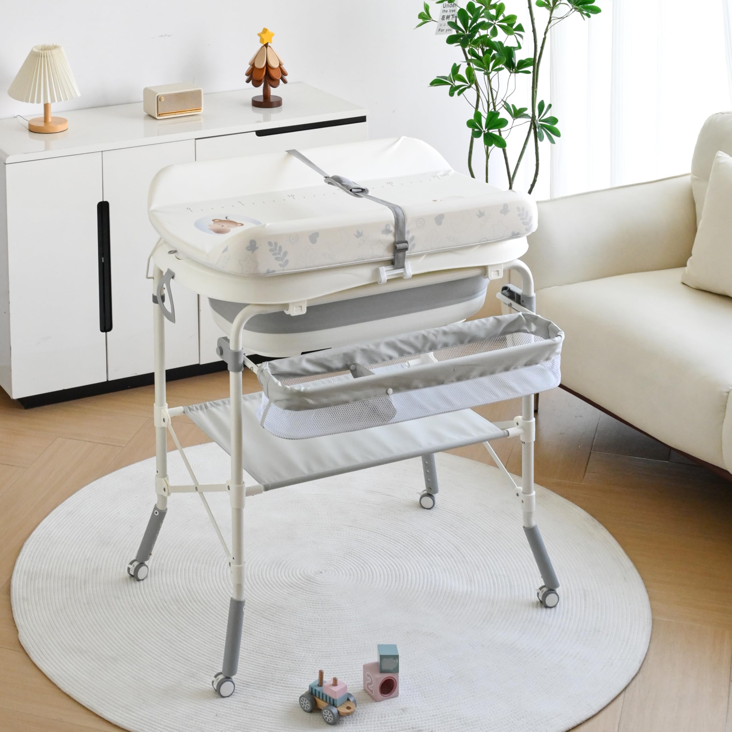 2-in-1 Baby Bathtub with Changing Table Foldable Diaper Changing Station with 4 Wheels Waterproof Pad Storage Rack and