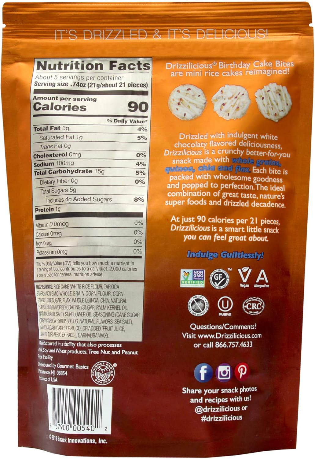 Drizzilicious Birthday Cake Mini Rice Cakes - 4oz (113g) Single Pack | Sinless Chocolatey Snack Bites - Rice Crisps Reinvented | Gluten-Free, Kosher Certified, Dairy-Free - Image 2