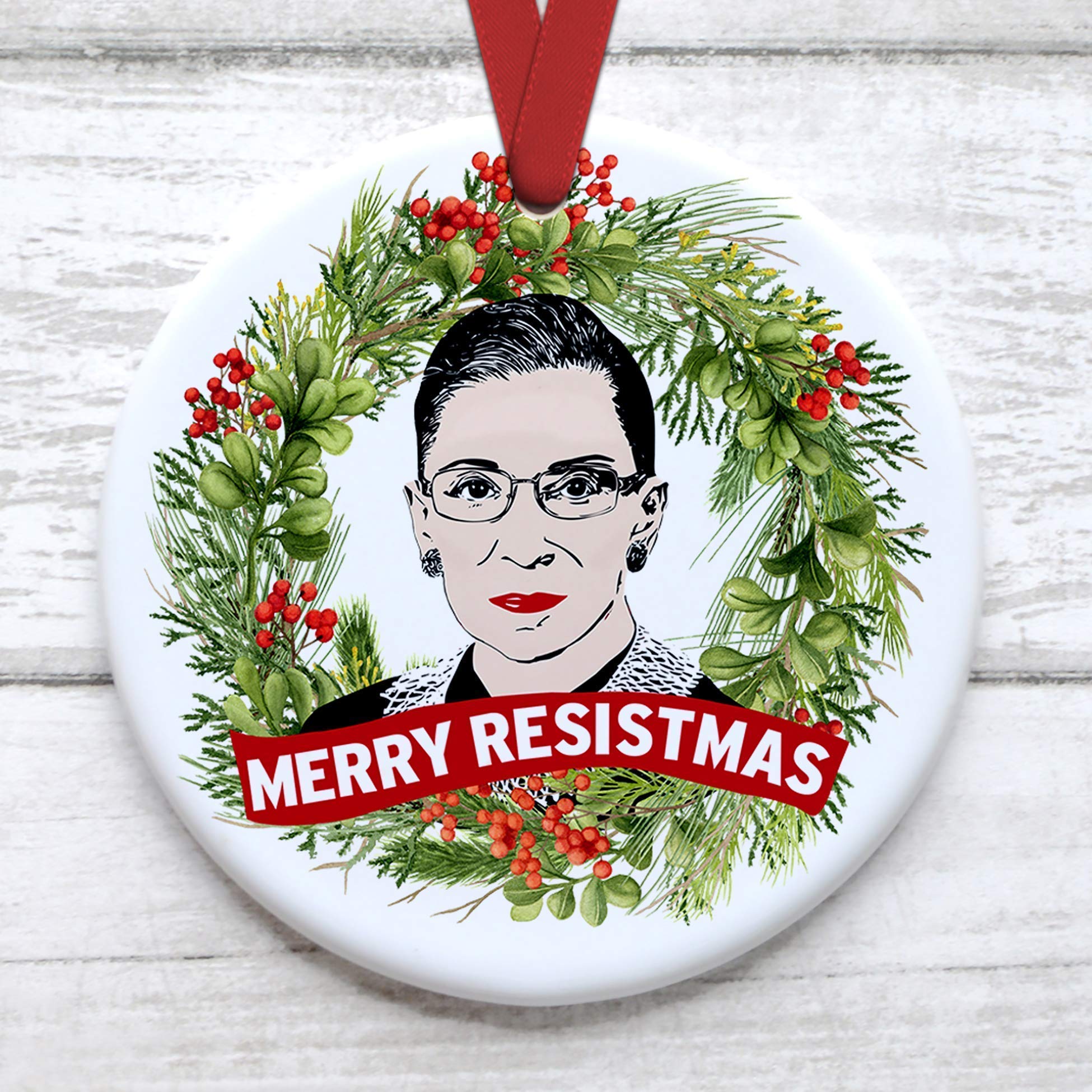 Ruth Bader Ginsburg Christmas Tree Ornament Merry Resistmas Comes with Red Satin Ribbon Notorious RBG Xmas Gift