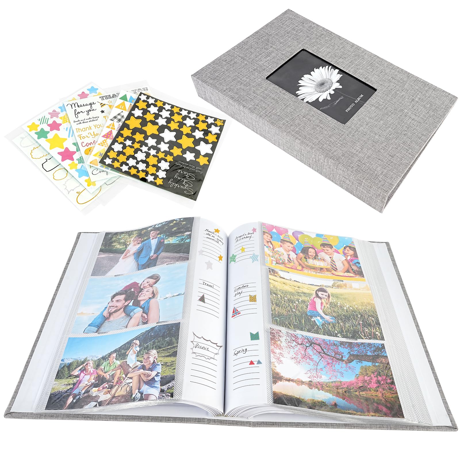 Photo Album 6x4 Slip in, Linen 300 Pockets Photo Albums Holds Landscape Only 10x15cm Picture Stickers Included Grey Big