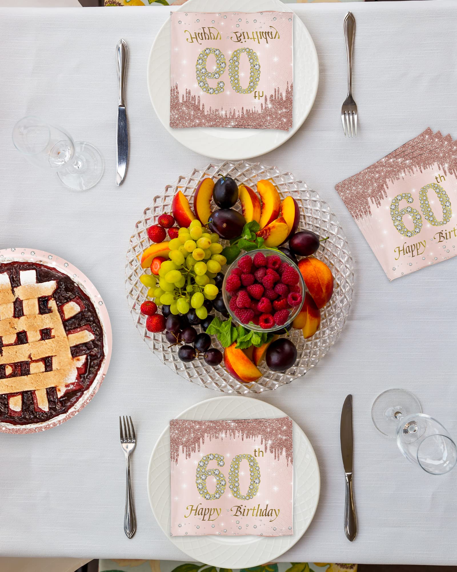 40 Tovaglioli Per 60° Compleanno Donna – Oro Rosa E Rosa, '60th Happy Birthday', 33x33 Cm, Stoviglie Usa E Getta Per Feste - 4