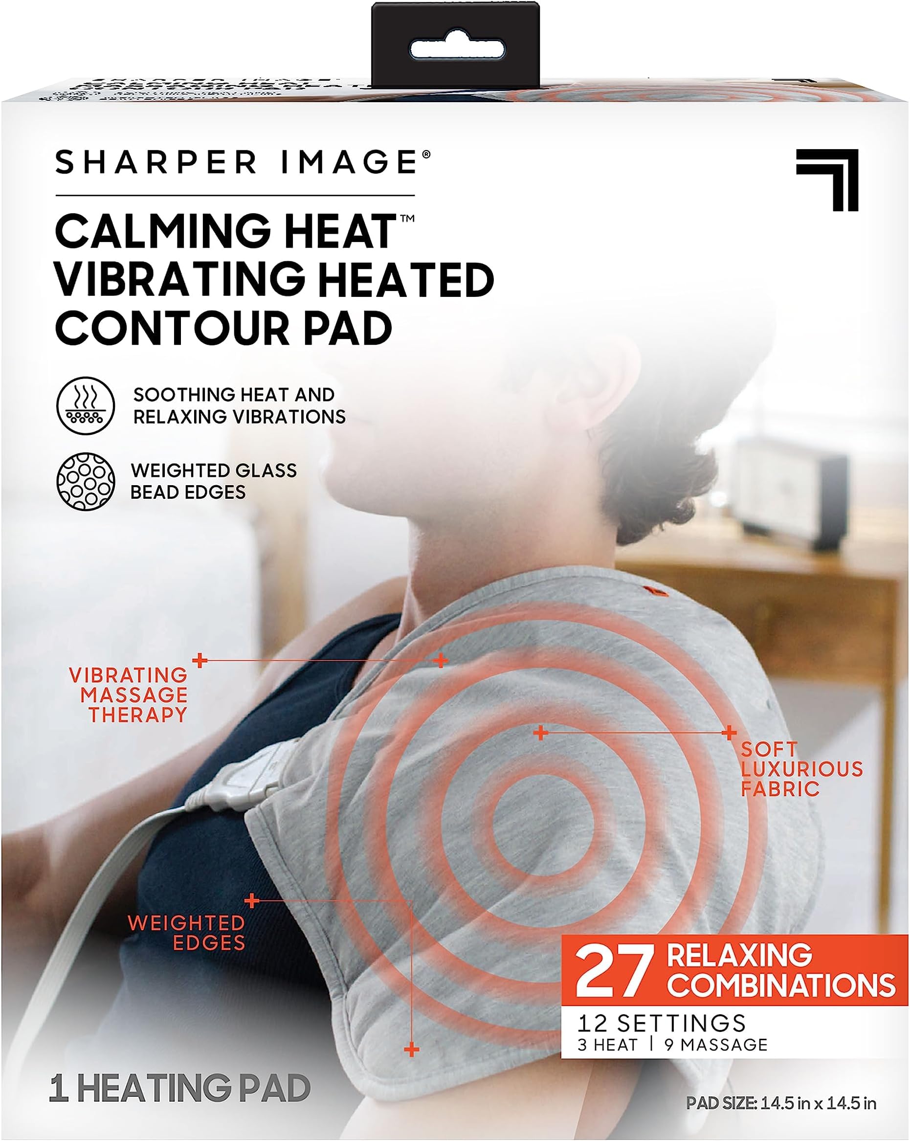 Calming Heat Vibrating Heating Contour Pad by Sharper Image- Weighted Electric Heating Pad with Massaging Vibrations, 12 Settings- 3 Heat, 9 Massage- 27 Relaxing Combinations, 14.5โ x 14.5โ, 4 lbs
