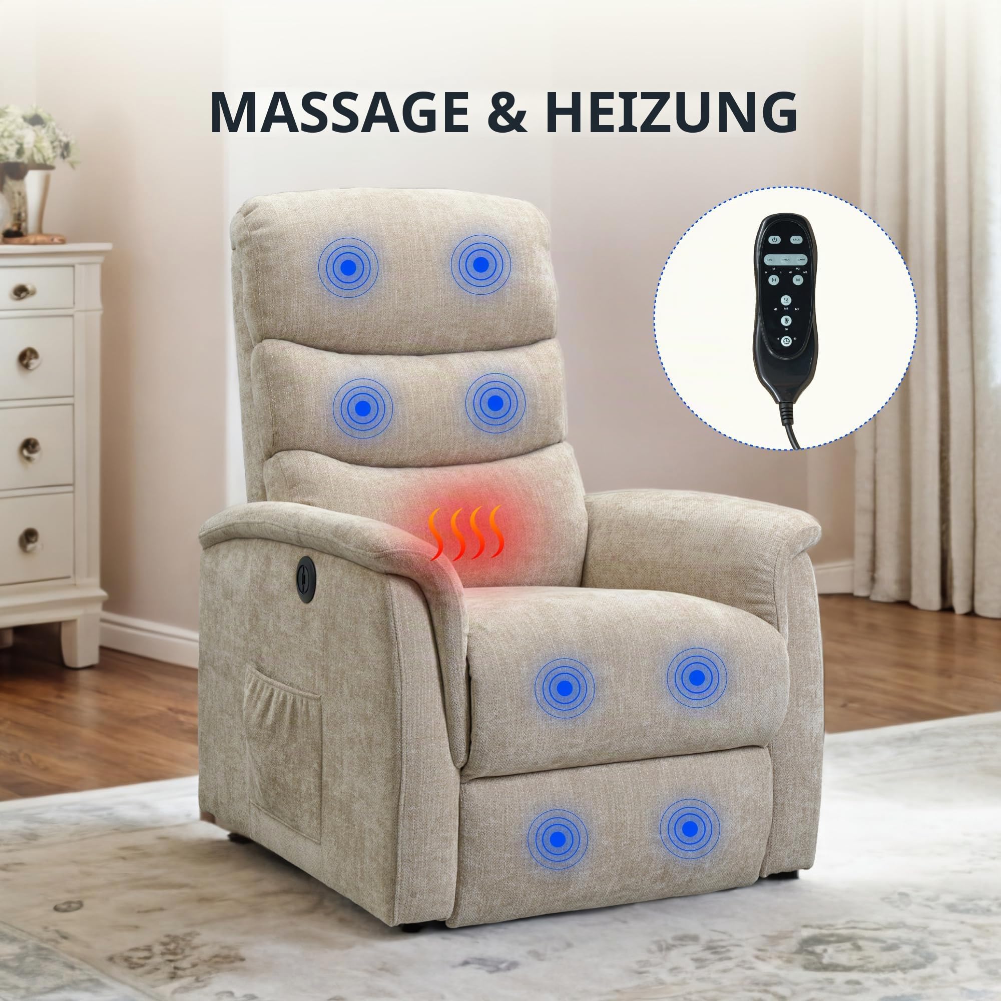 FLEXISPOT Relaxsessel, Aufstehsessel mit versteckter Becherhalter & Armlehnen-Aufbewahrung, Massagesessel mit Heizungfunktion im Wohnzimmer, Fernsehsessel, Liegesessel mit USB (Beige)