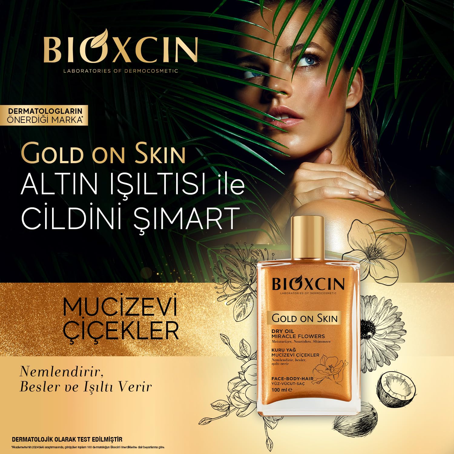 Bioxcin Gold On Skin Kuru Yağ – Yasemin, Manolya, Hanımeli, Kalendula ve Hindistan Cevizi Yağları İçeren Işıltı Veren Nemlendirici – 100 ml – Tüm Cilt Tipleri İçin