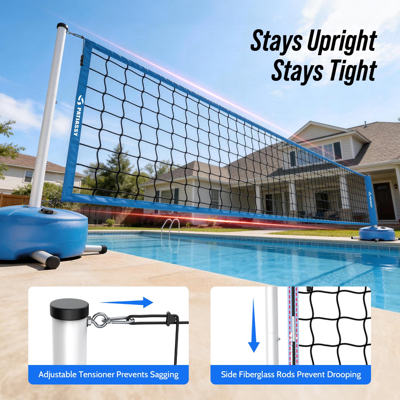 Set di rete da pallavolo per piscina Patiassy con base pesante, larghezza regolabile da 4,57m-9,14m, sistema di rete per piscine per interni ed esterni, adatto per giochi d'acqua, giardino, spiaggia e