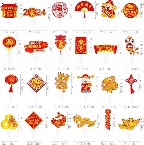 Miniatura 4 de Decoración para cupcakes de Año Nuevo chino, 48 piezas de palillos para cupcakes de Año Lunar 2024 Año del Dragón, decoraciones de fiesta orientales