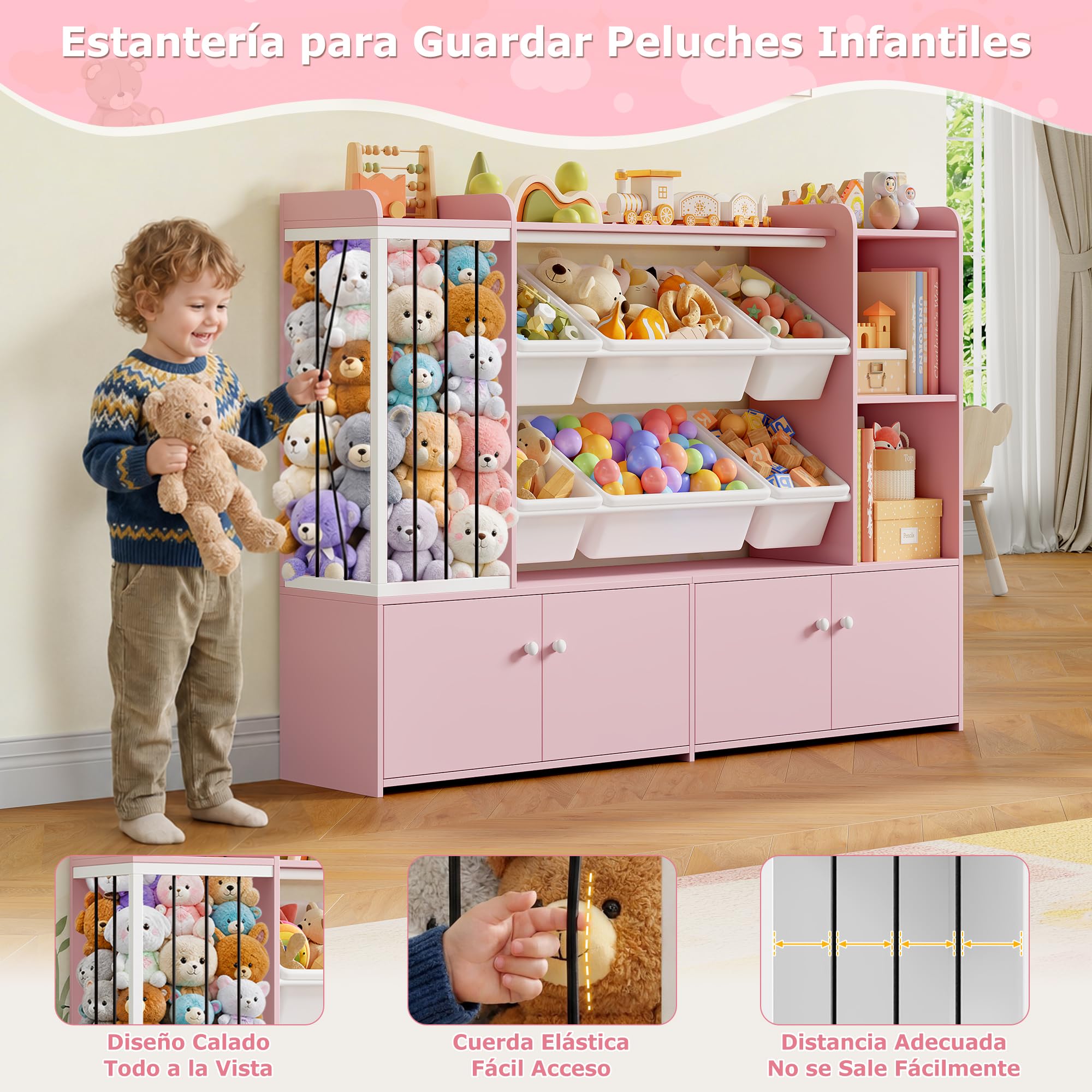 FOREHILL 137.3cm Mueble Juguetes Organizador, Organizador Peluches, Rosa | Libreria Infantil, 6 Cajas Extraíbles, Mueble Almacenaje Juguetes, Estanteria Infantil, Armario de 4 Puertas, 137.3x28x94cm