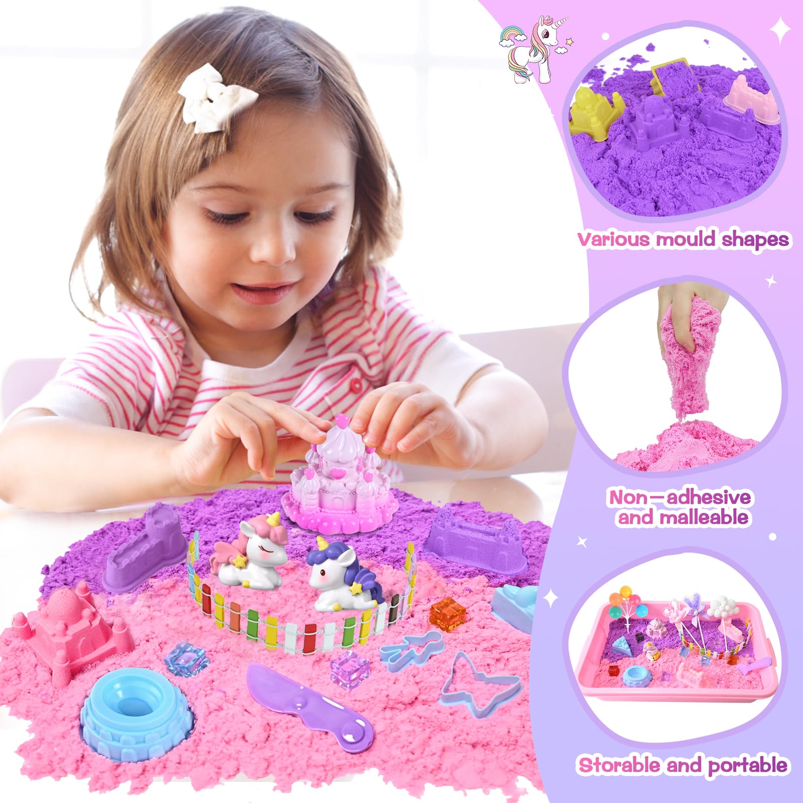 Kit De Sable Magique Licorne Pour Filles - Bac à Sable Sensoriel Avec Moules, Accessoires, Cadeau 3+ Ans (rose)