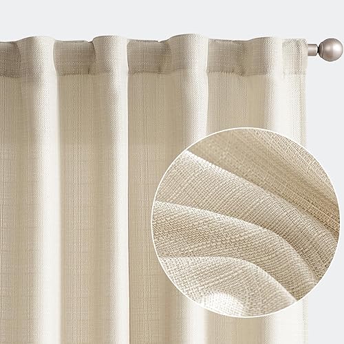 Miniatura 2 de JINCHAN Cortinas de lino beige para sala de estar, cortinas texturizadas de 63 pulgadas de largo, cortinas de estilo casual con pestaña trasera,