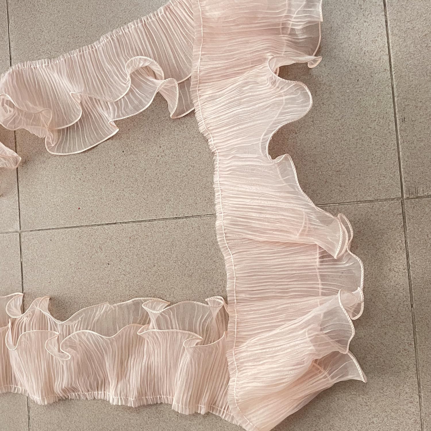 3 Yards Ruffle Pleated Chiffon Trim Two Layer Trimmer Dress Bag Decoration Tulle Fabric Applique Craft Sewing (Peach)