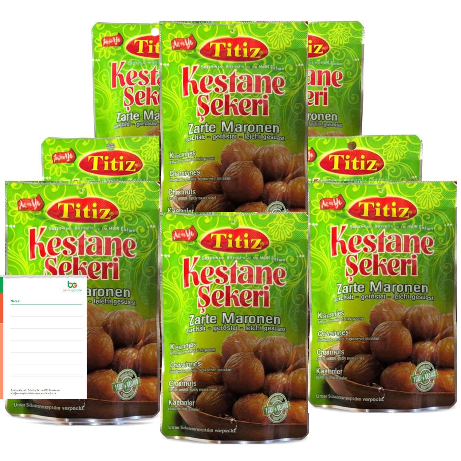 Titiz Zarte Maronen,Leicht Gesüßt Vorteilspack 8x125g, Hohe Ballaststoffe & Natürliche Energie, 100% Vegan + Ben's Garden Notizblock