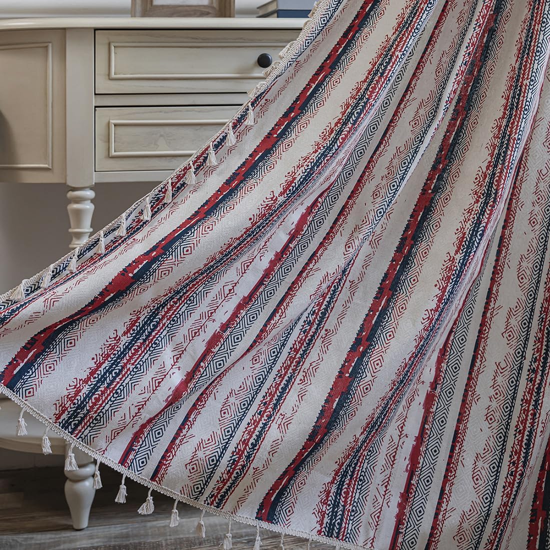 vctops Boho Window Curtain with Tassel, Bohemian Geometric Printed Decorative Curtains Panel Cotton Linen Rod Pocket Window Treatment Curtain for Bedroom Living Room - 59"x63"