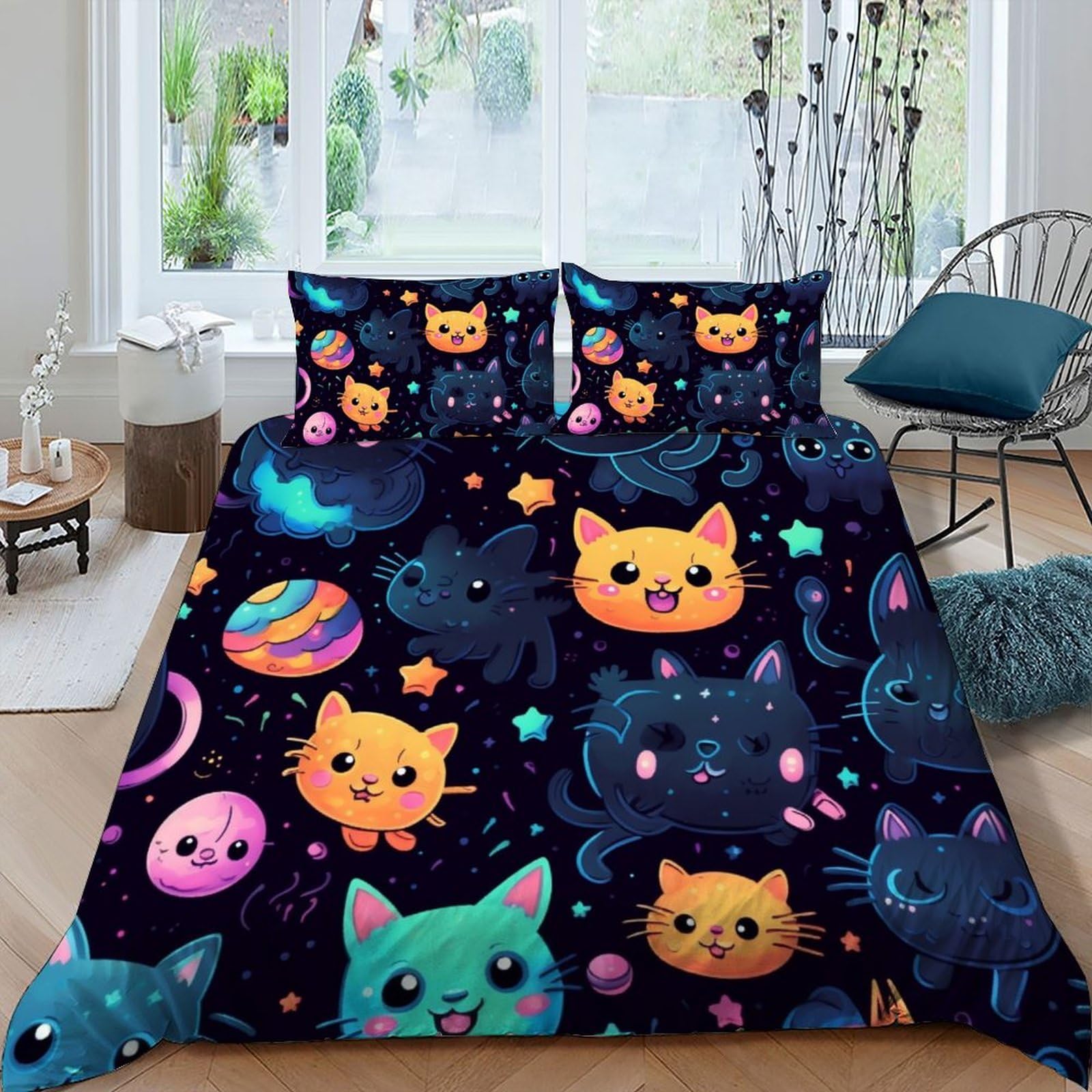 Housse de couette chats parure de lit motif sauvage pour chambre adulte
