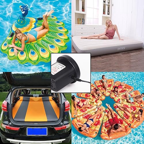 Miniatura 5 de Bomba de aire eléctrica para inflables, bomba de aire portátil de llenado rápido con 3 boquillas, inflador y desinflador de 110 V CA12 V CC para