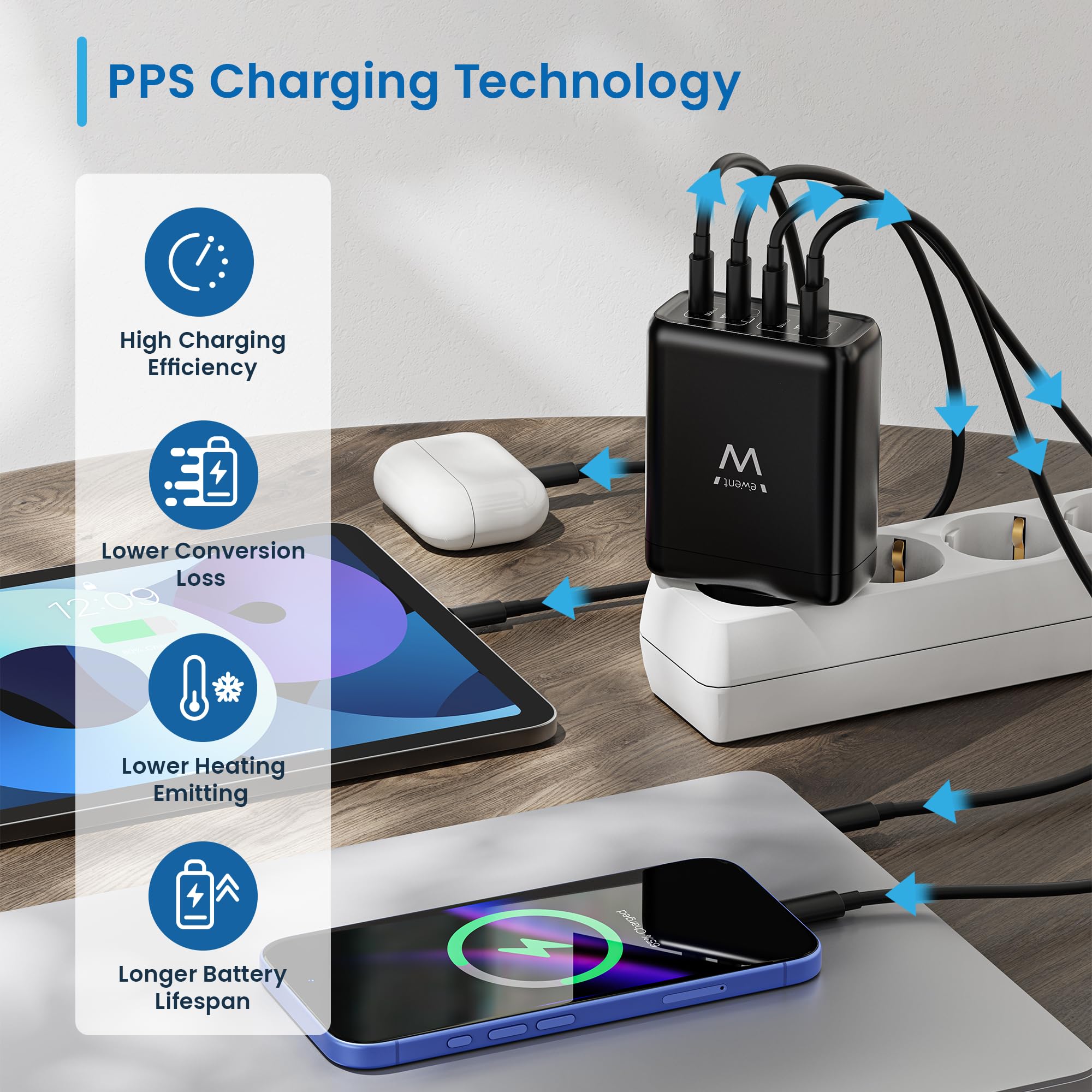 Ewent Caricatore USB C 140W, Caricabatterie Rapido GaN Fast 4 Porte USB (3 USB-C PD 3.1 + 1 USB-A QC 3.0), per Notebook, MacBook, iPhone 17, iPad, Android con Cavo USB-C 240W da 2 m, Nero