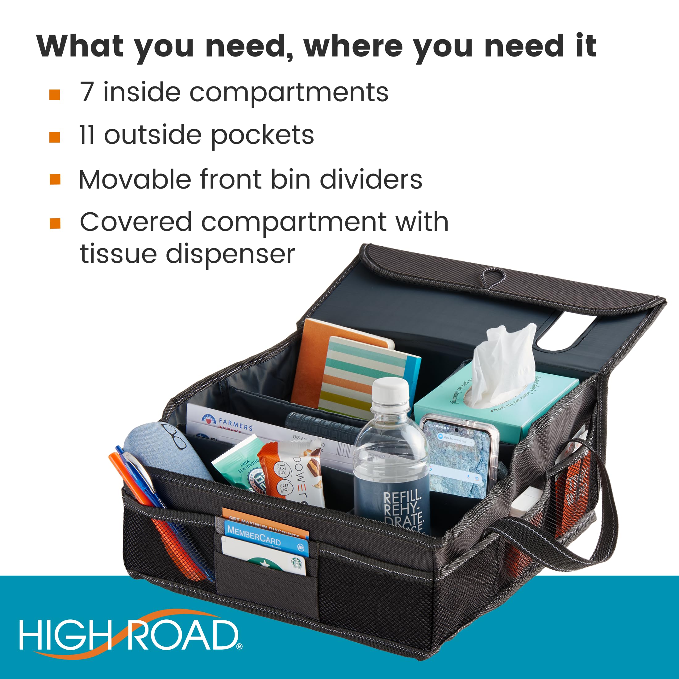 High Road SeatStash Car Front Seat Organizer for Driver and Office Storage with Tissue Holder and Divided Multipurpose Compartments